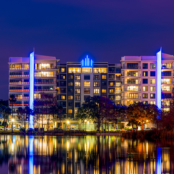 Florida lakeside project with luxury apartments, village market