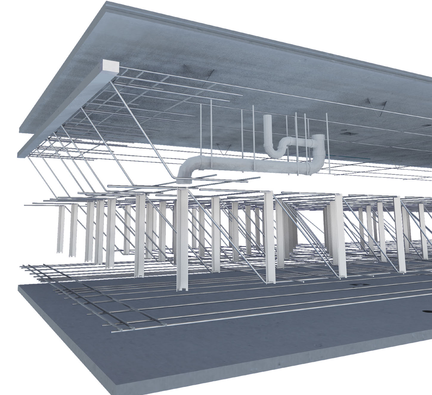 Diagram of FINFROCK's Proprietary DualDeck Technology with Exposed Interstitial Space Between Concrete Slabs