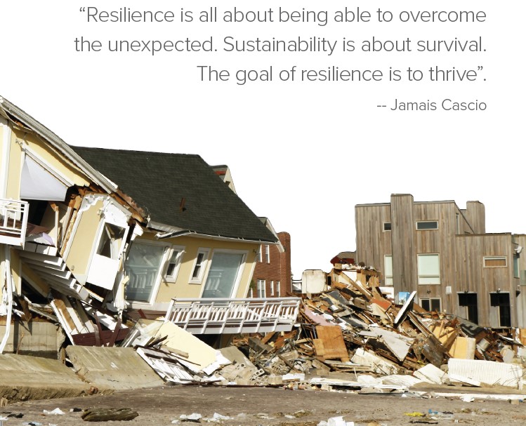 Resiliency and sustainability quote with image of property affected by natural disaster